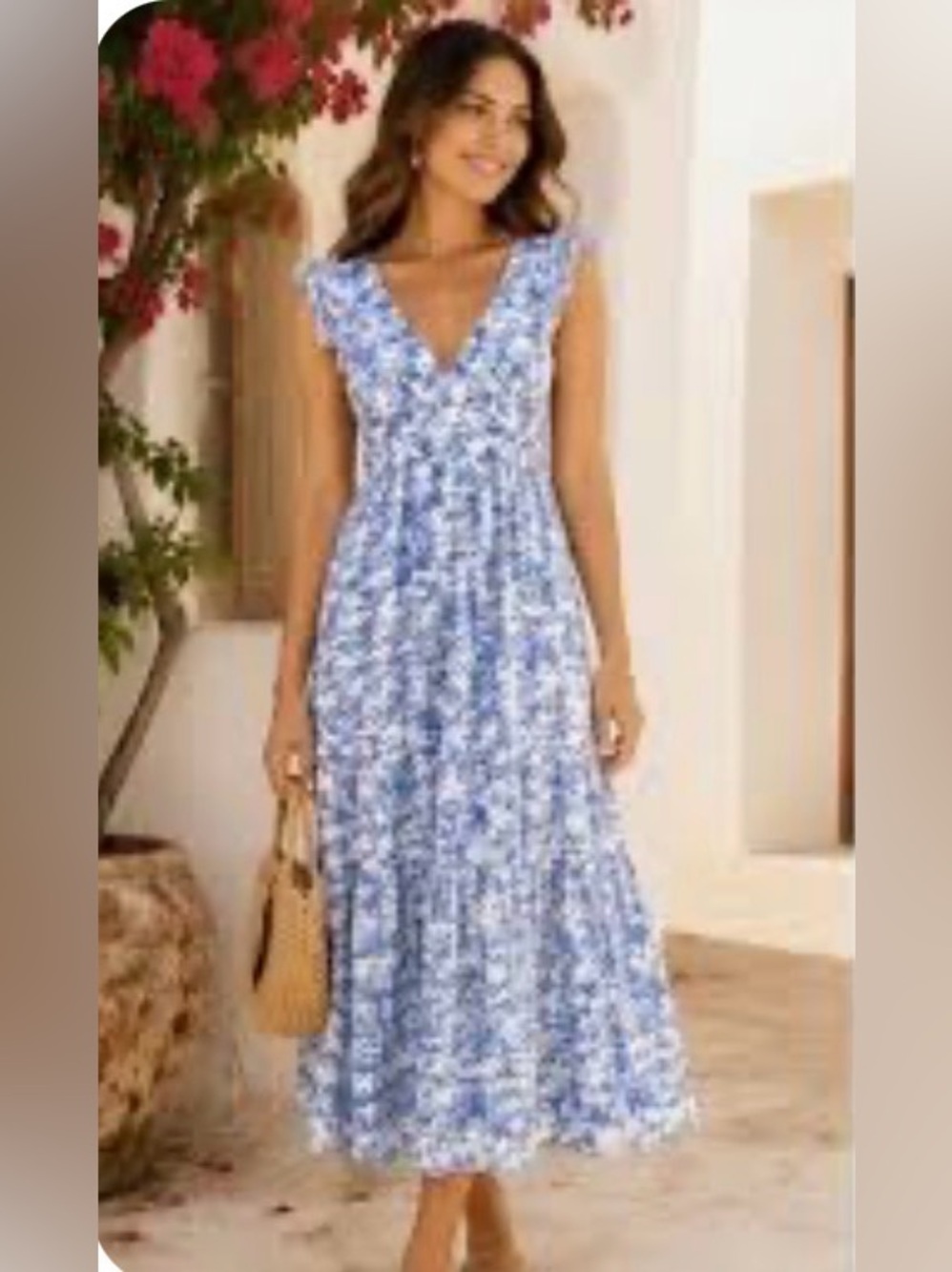 Olivia Grey Blue Floral V-Neck Maxi Dress - Women Med